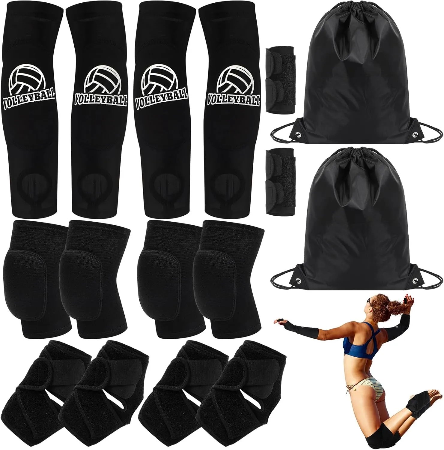 Geiserailie 2 Set Beach Volleyball Accessories Set Include Volleyball Knee Pads Arm Sleeves Ankle Support Brace Finger Sports Guards Drawstring Bag for Beginners Hitting Passing Training