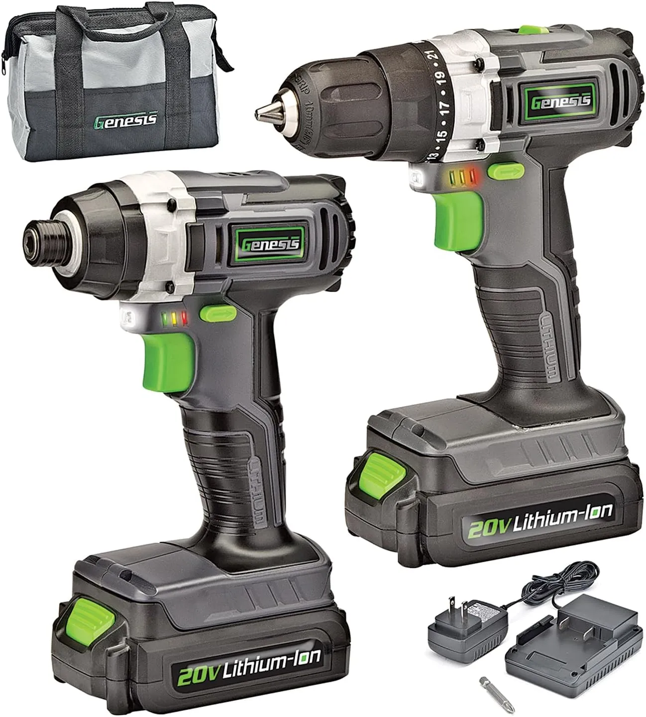 Genesis GL20DIDKA2 2-Piece 20V Lithium-ion Battery-Powered Cordless Variable Speed Drill Driver and Impact Driver Kit with LED Light, Electric Brake, Storage Bag, Charger, 2 Batteries, and Bit
