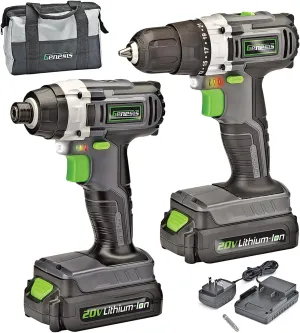Genesis GL20DIDKA2 2-Piece 20V Lithium-ion Battery-Powered Cordless Variable Speed Drill Driver and Impact Driver Kit with LED Light, Electric Brake, Storage Bag, Charger, 2 Batteries, and Bit