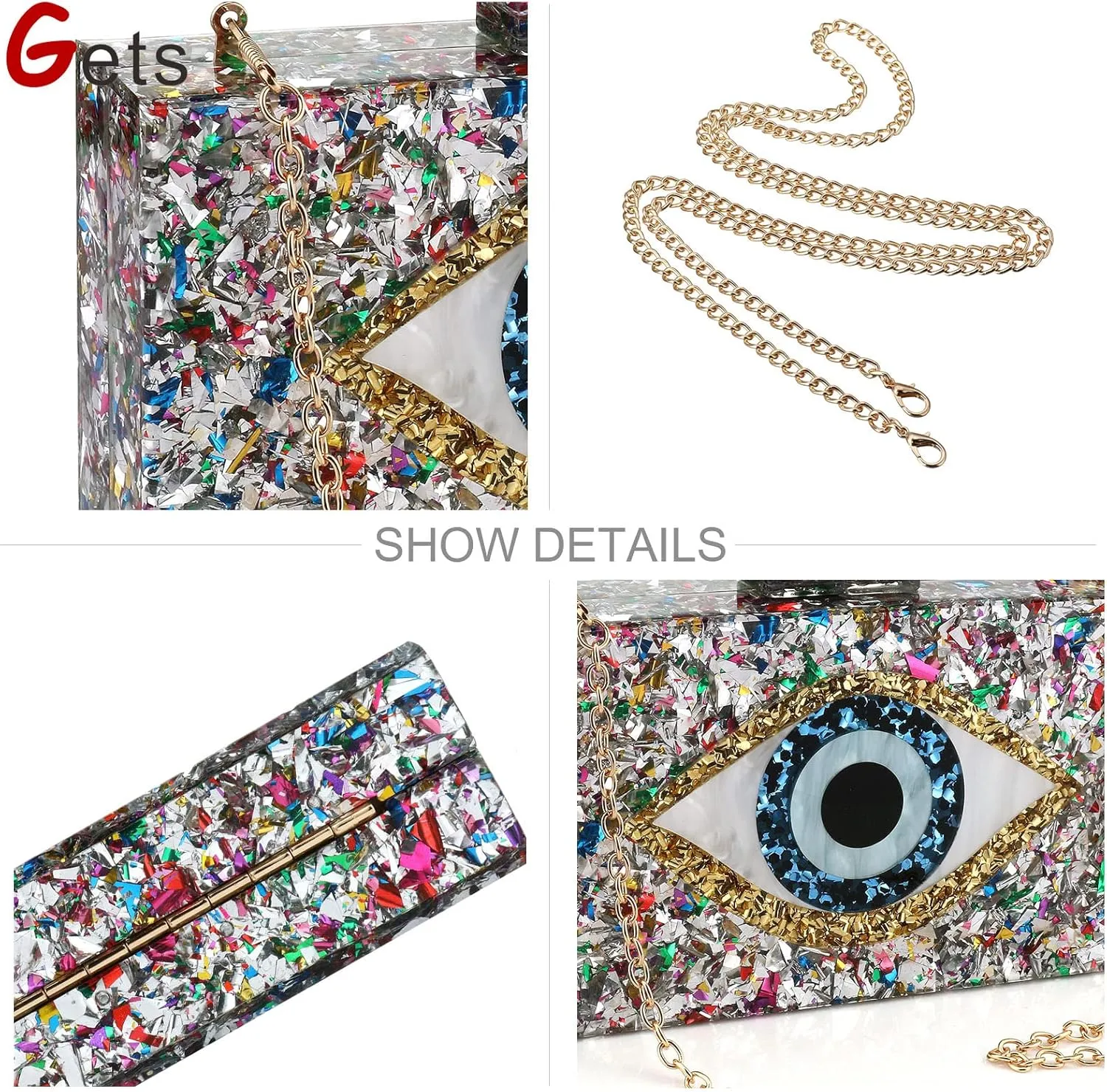Gets Acrylic Clutch Purses for Women Evening Bag Eyes Multicolor Perspex Box Clutch Glitter Purse Handbags Crossbody Bag
