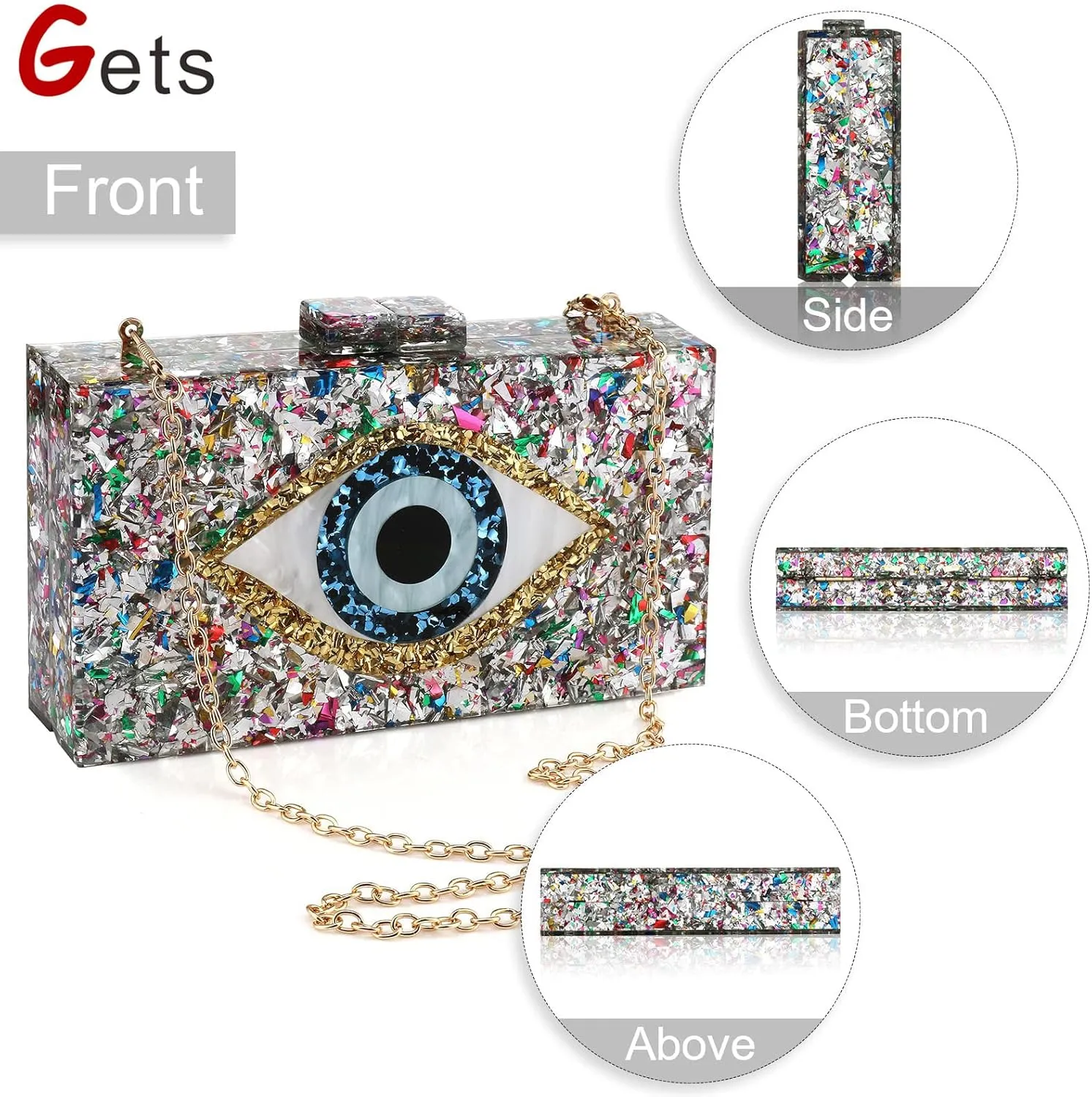 Gets Acrylic Clutch Purses for Women Evening Bag Eyes Multicolor Perspex Box Clutch Glitter Purse Handbags Crossbody Bag