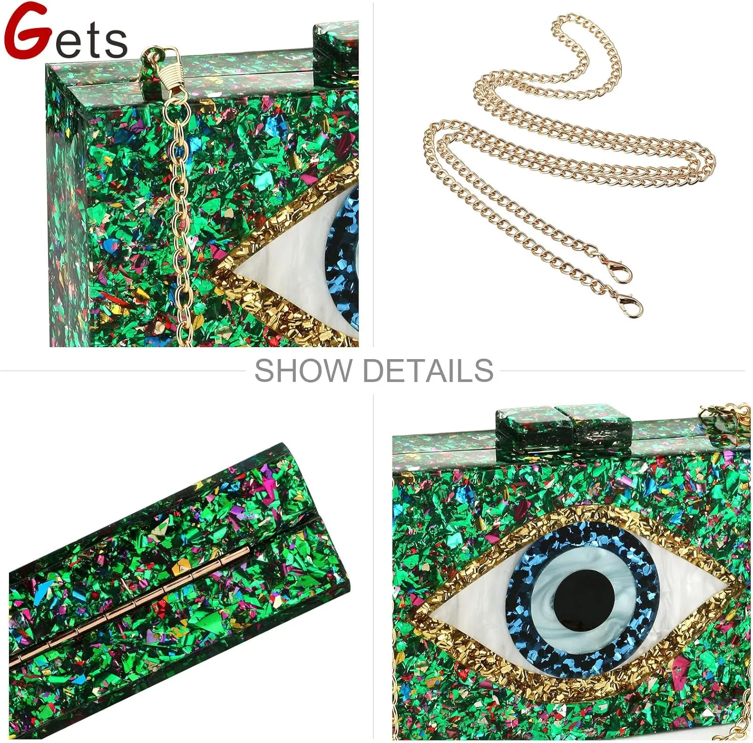 Gets Acrylic Clutch Purses for Women Evening Bag Eyes Multicolor Perspex Box Clutch Glitter Purse Handbags Crossbody Bag
