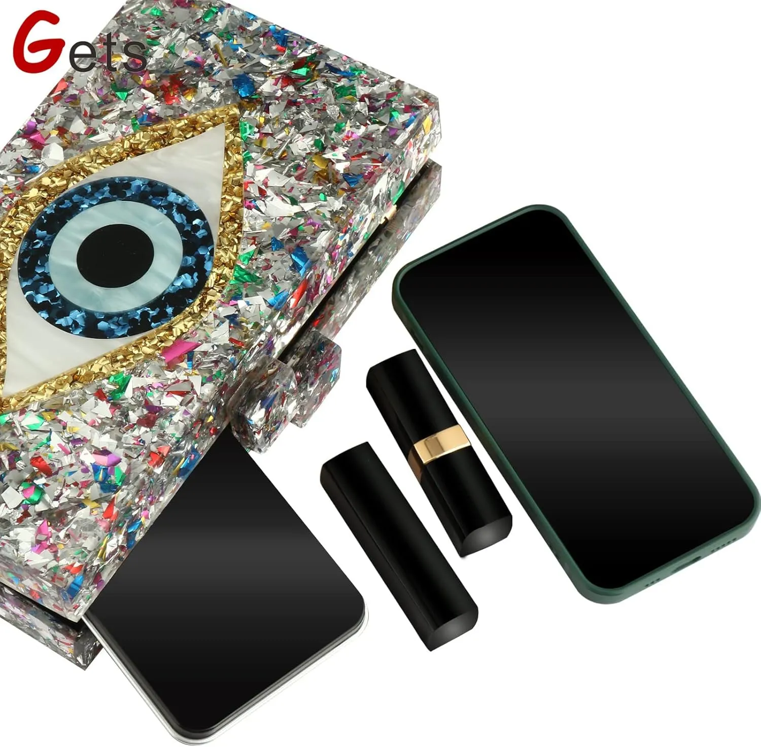 Gets Acrylic Clutch Purses for Women Evening Bag Eyes Multicolor Perspex Box Clutch Glitter Purse Handbags Crossbody Bag