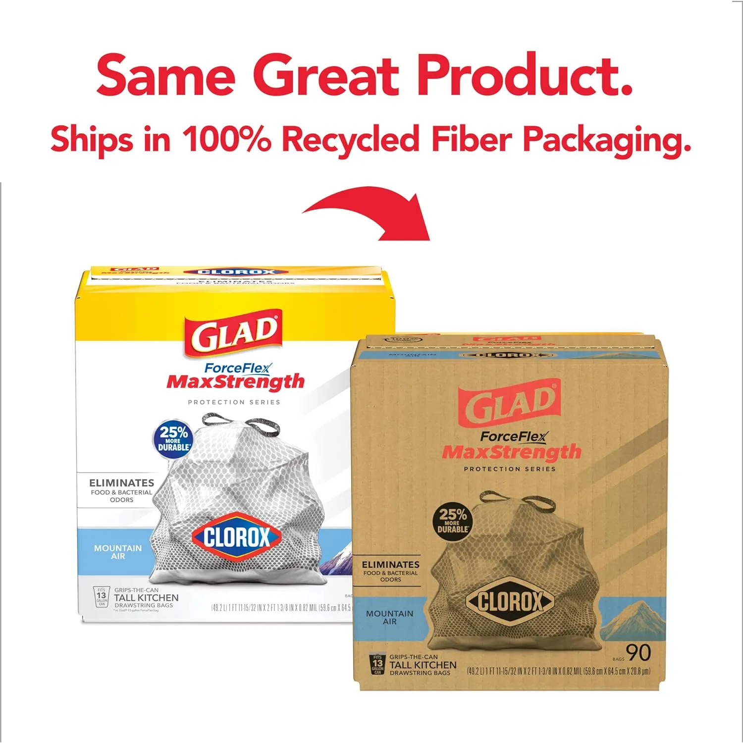 Glad ForceFlex MaxStrength with Clorox Trash Bags, 13 Gal, Mountain Air, 90 Ct, Pack May Vary
