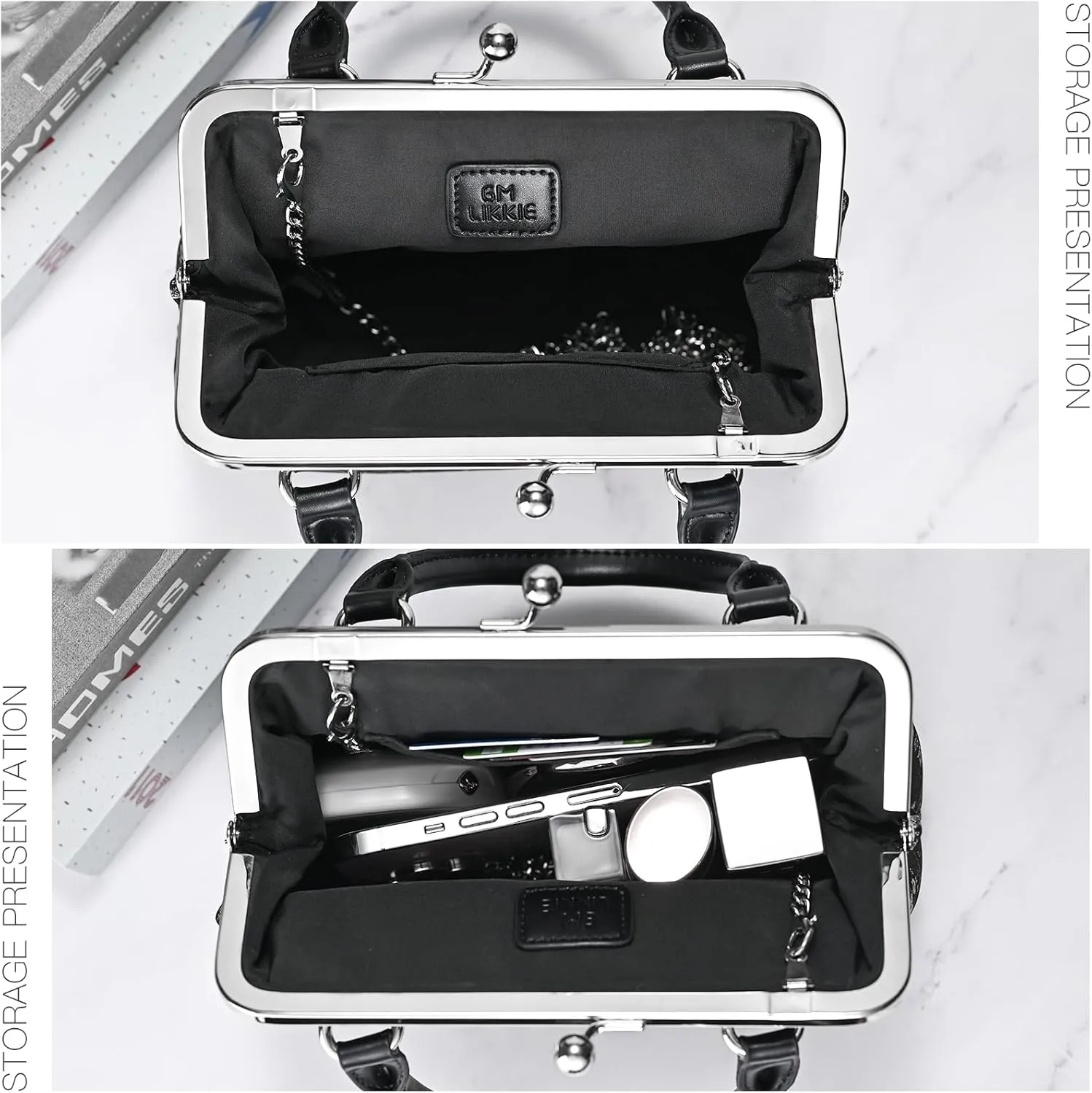 GM LIKKIE Kiss Lock Purses and Handbags, Vintage PU Leather Clutch Purses for Women, Top Handle Evening Handbag