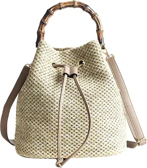 Goclothod Small Drawstring Shoulder Bag Straw Weave Handbag Summer Beach Purse