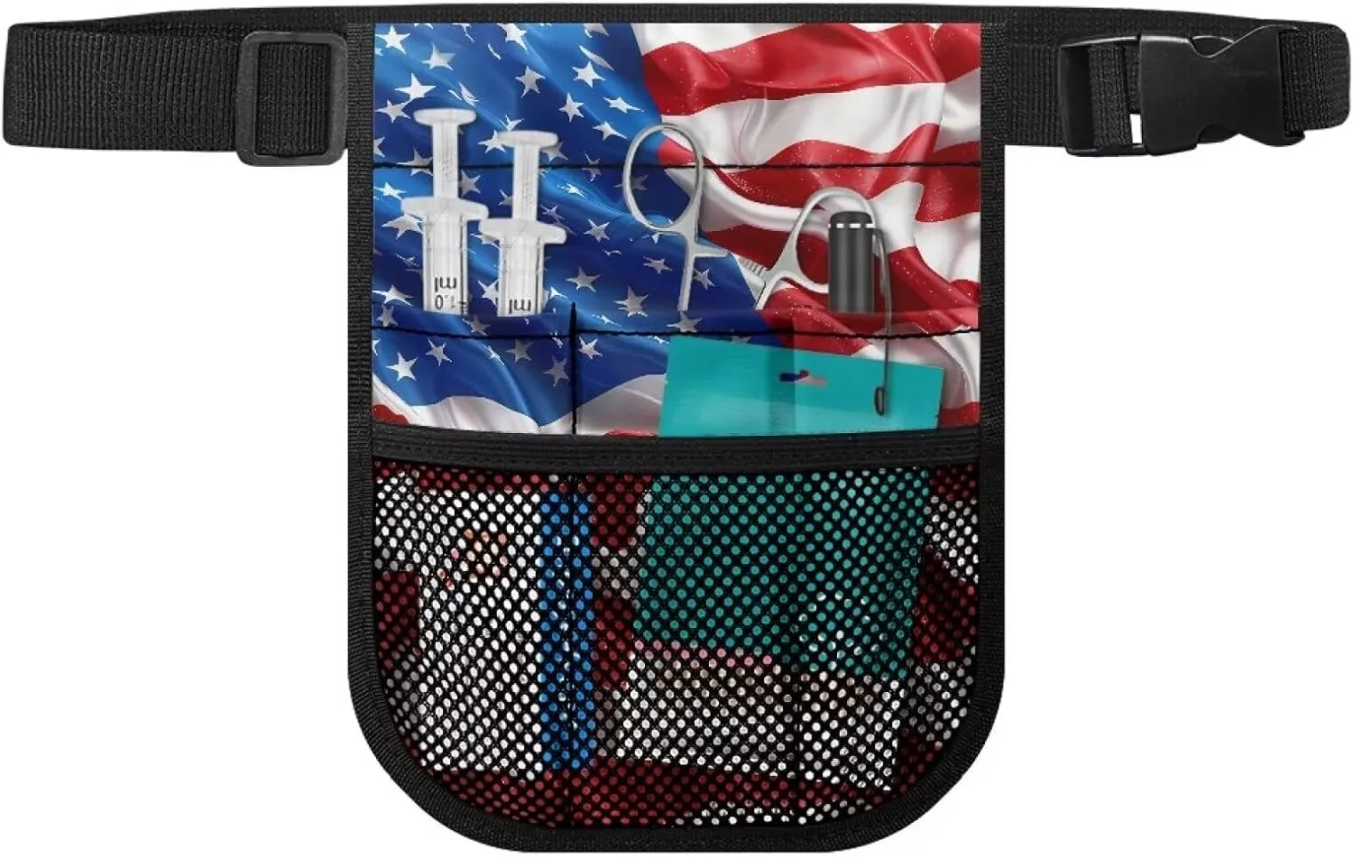 Gomyblomy American Flag Nurse Belt Organizer Pouch, Large Capacity Fanny Pack for Nurses, Nurse Waist Bag with Multiple Comparments, Practical Tool Belt Bag for Women Men