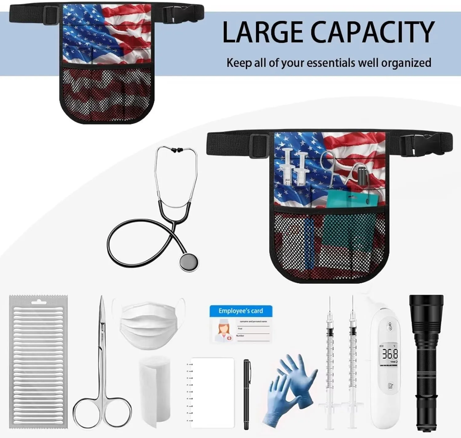 Gomyblomy American Flag Nurse Belt Organizer Pouch, Large Capacity Fanny Pack for Nurses, Nurse Waist Bag with Multiple Comparments, Practical Tool Belt Bag for Women Men