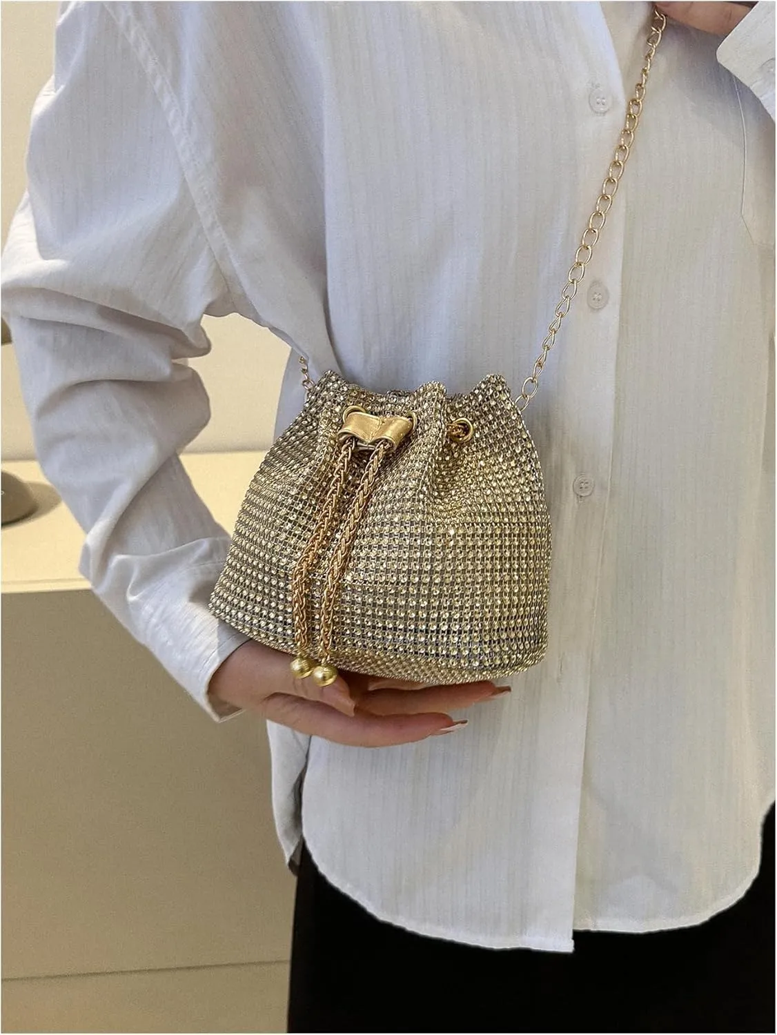 GORGLITTER Women's Pearl Decor Drawstring Crossbody Bag Chain Mini Bucket Handbags