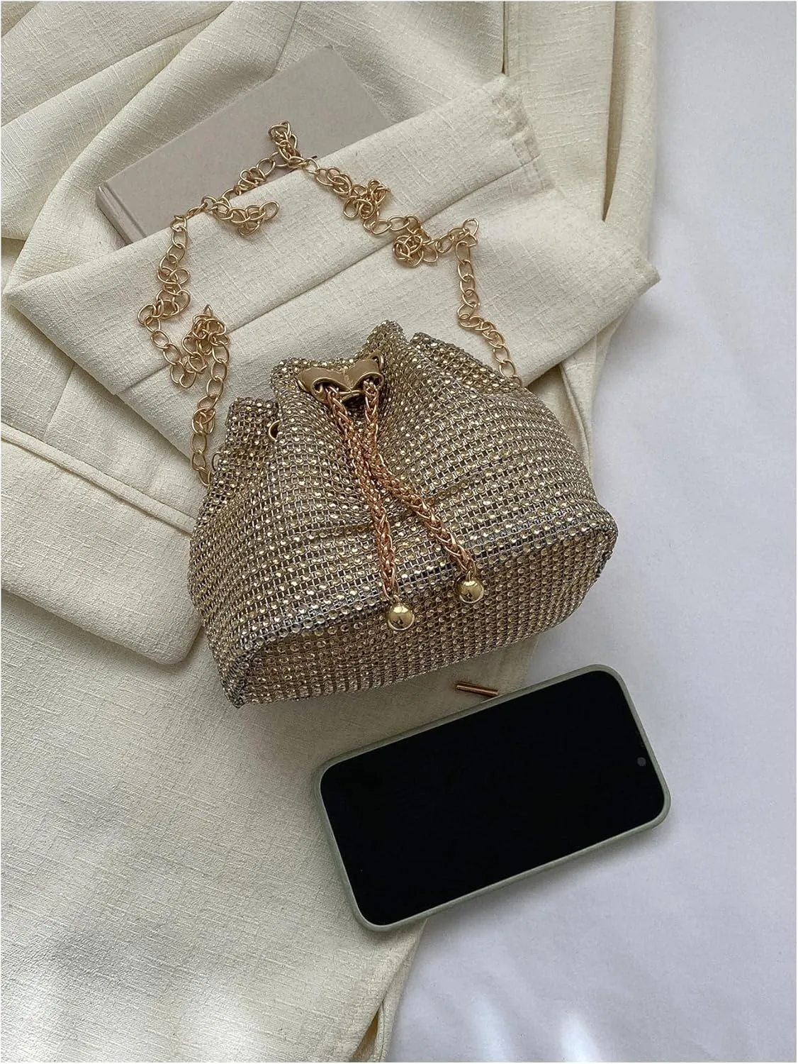 GORGLITTER Women's Pearl Decor Drawstring Crossbody Bag Chain Mini Bucket Handbags