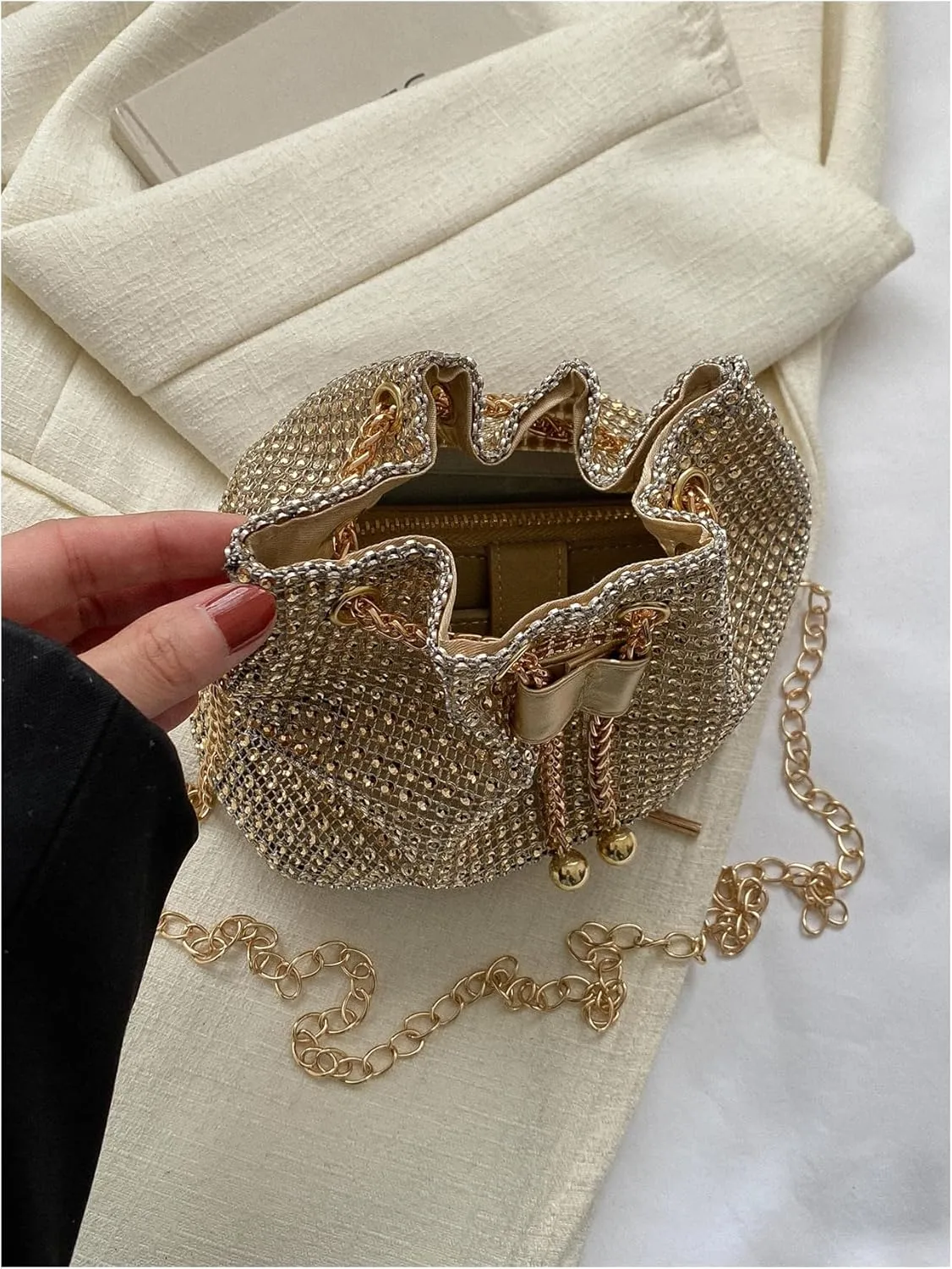 GORGLITTER Women's Pearl Decor Drawstring Crossbody Bag Chain Mini Bucket Handbags