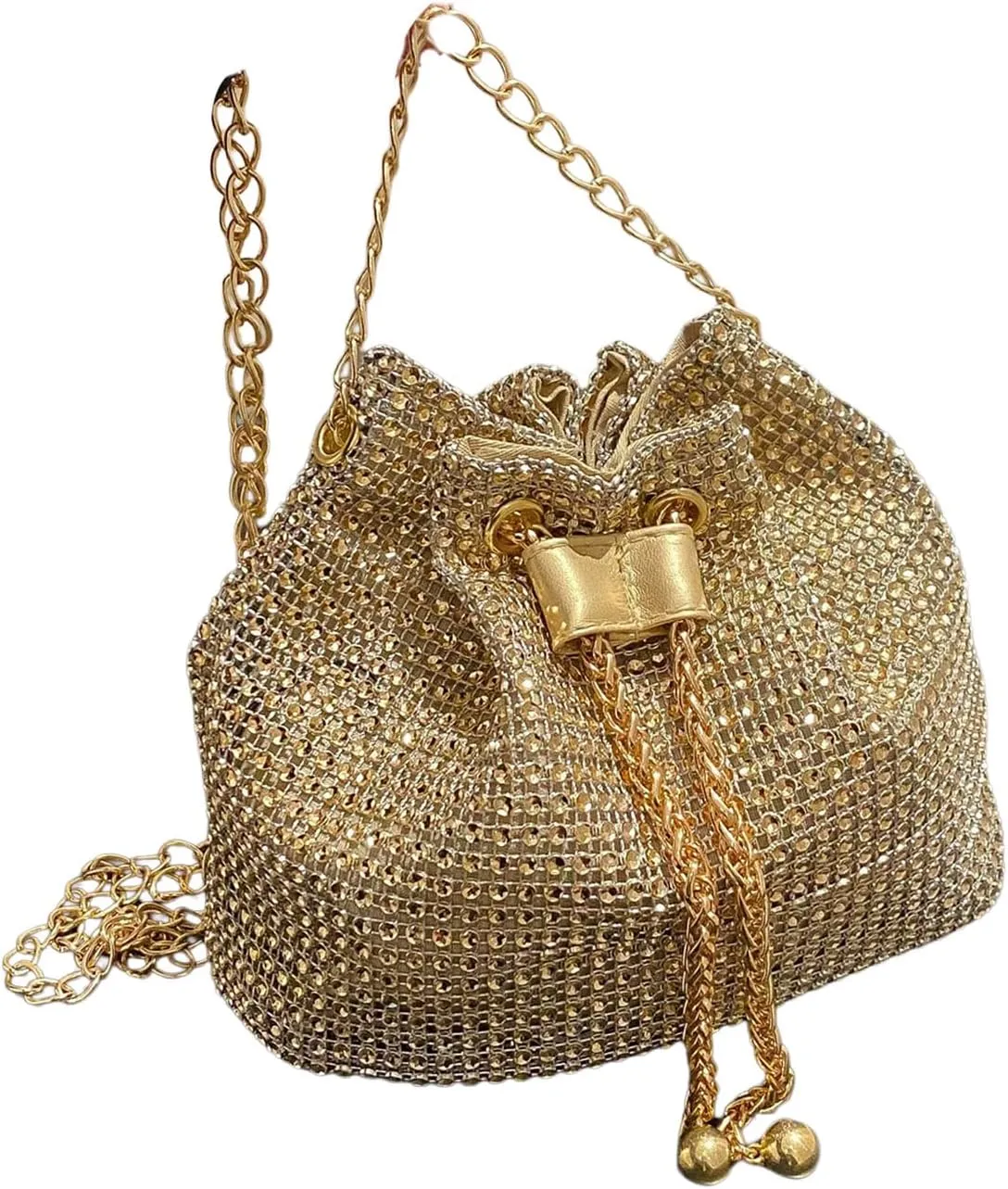 GORGLITTER Women's Pearl Decor Drawstring Crossbody Bag Chain Mini Bucket Handbags
