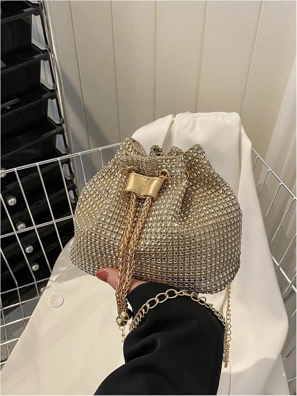 GORGLITTER Women's Pearl Decor Drawstring Crossbody Bag Chain Mini Bucket Handbags