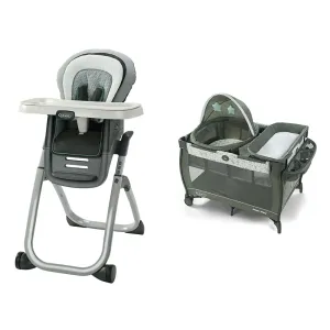Graco DuoDiner DLX 6 in 1 High Chair & Pack 'n Play Travel Dome Playard | includes Travel Bassinet, Full-Size Infant Bassinet, and Diaper Changer, Oskar