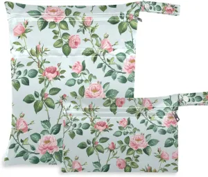Greenish-pink Vintage Roses reusable bag for travel 2 Pack wet bag for swimsuit with handles for travel, daycare