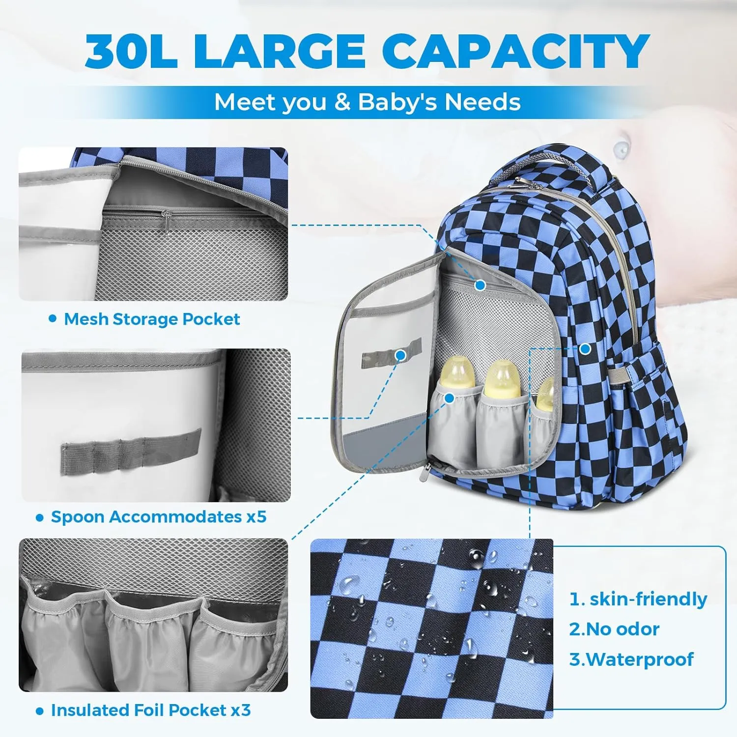Grid Diaper Backpack Maternity Bags With Travel Insulated Bag Travel Back Pack Diaper Changing Bags Diaper Backpack For Mom Dad Waterproof Baby Bag Backpack Set of 2, Grid