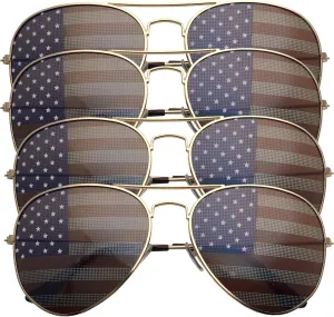grinderPUNCH 4 PACK Womens Bulk USA American Flag Aviator Sunglasses Gold