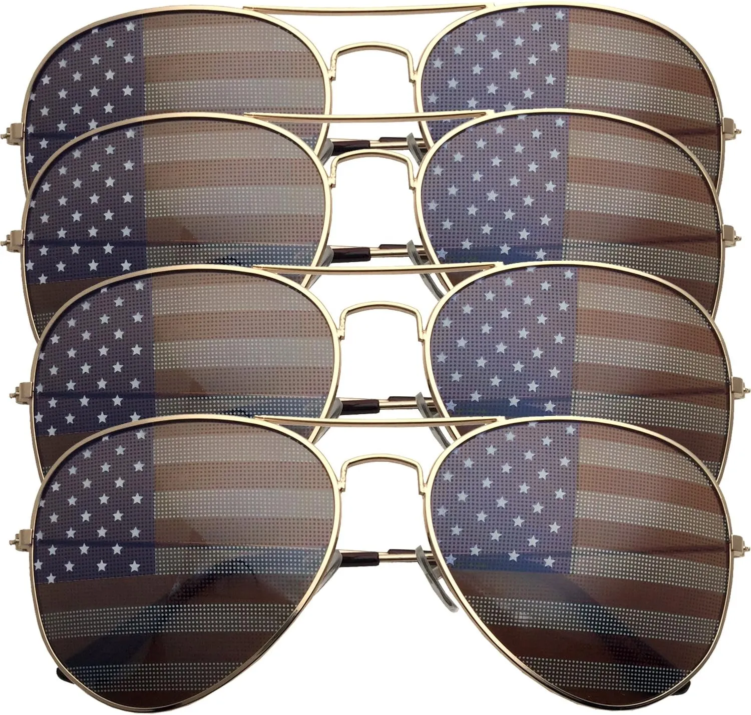 grinderPUNCH 4 PACK Womens Bulk USA American Flag Aviator Sunglasses Gold