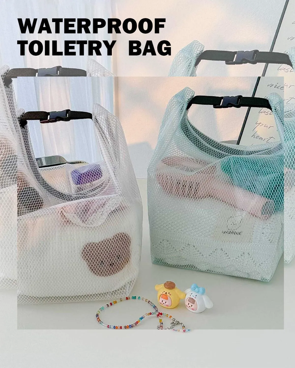 GRINKO Mesh Shower Bag Travel Makeup Pouch for Women Waterproof Toiletry Bag Plastic Make Up Bags for Carry On with Buckle Handle Pink