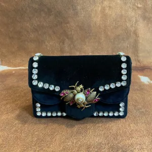 Gucci Broadway Black Suede Clutch Bag with Crystal Embellishments