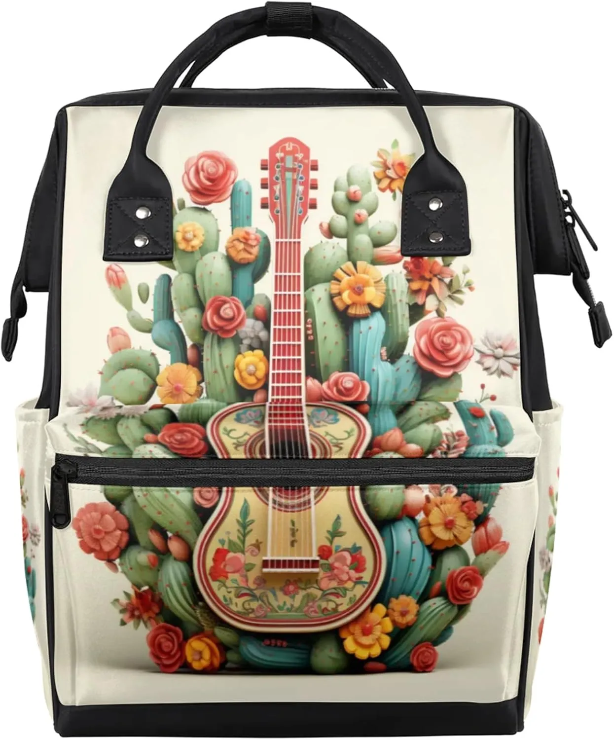 Guitar Cactus Flowers Diaper Bag Mommy Bags With Adjustable Shoulder Strap Waterproof Multifunction Shoulder Bag Travel Large Capacity Backpack for Moms And Dads