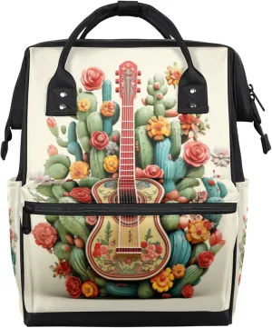 Guitar Cactus Flowers Diaper Bag Mommy Bags With Adjustable Shoulder Strap Waterproof Multifunction Shoulder Bag Travel Large Capacity Backpack for Moms And Dads