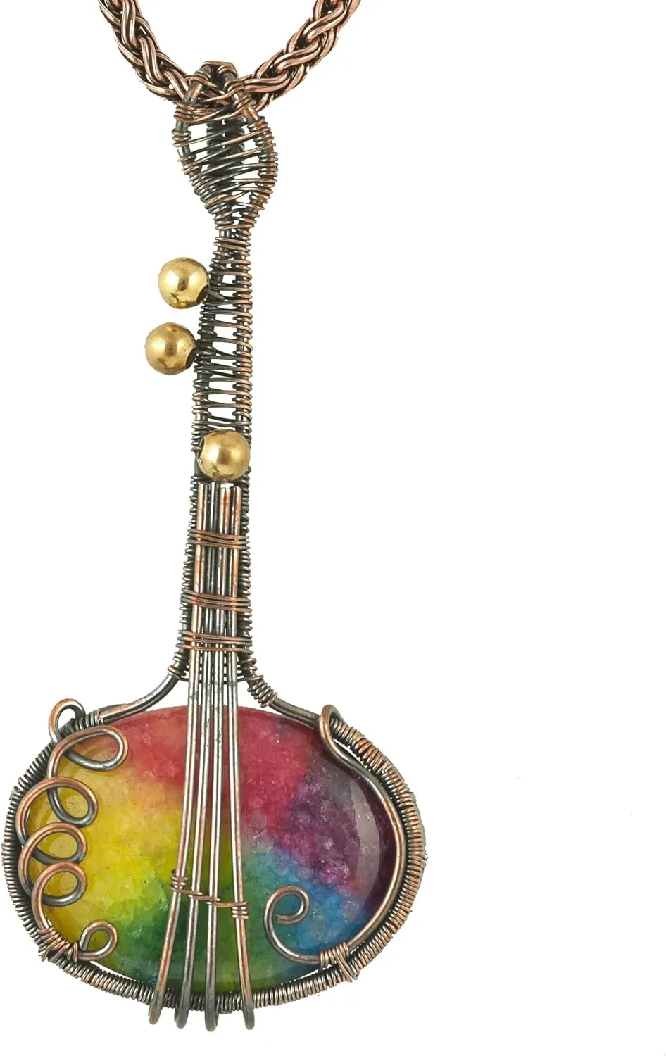 Guitar Shaped Gemstone Pendant Copper Wire Wrapped Jewelry Necklace