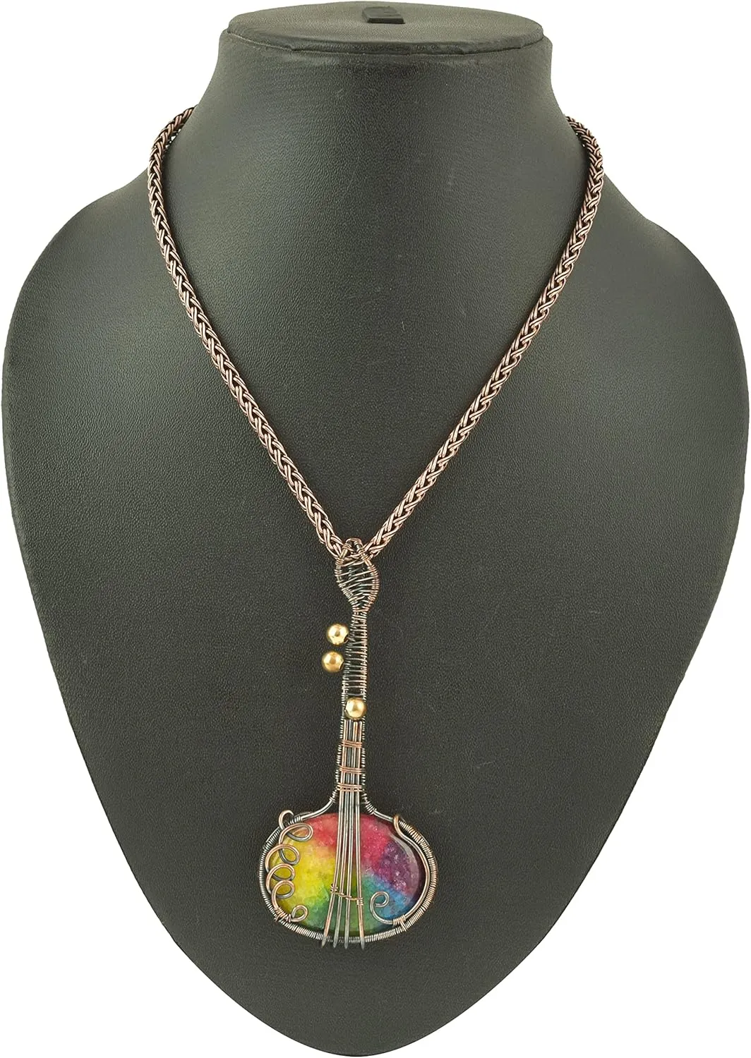 Guitar Shaped Gemstone Pendant Copper Wire Wrapped Jewelry Necklace