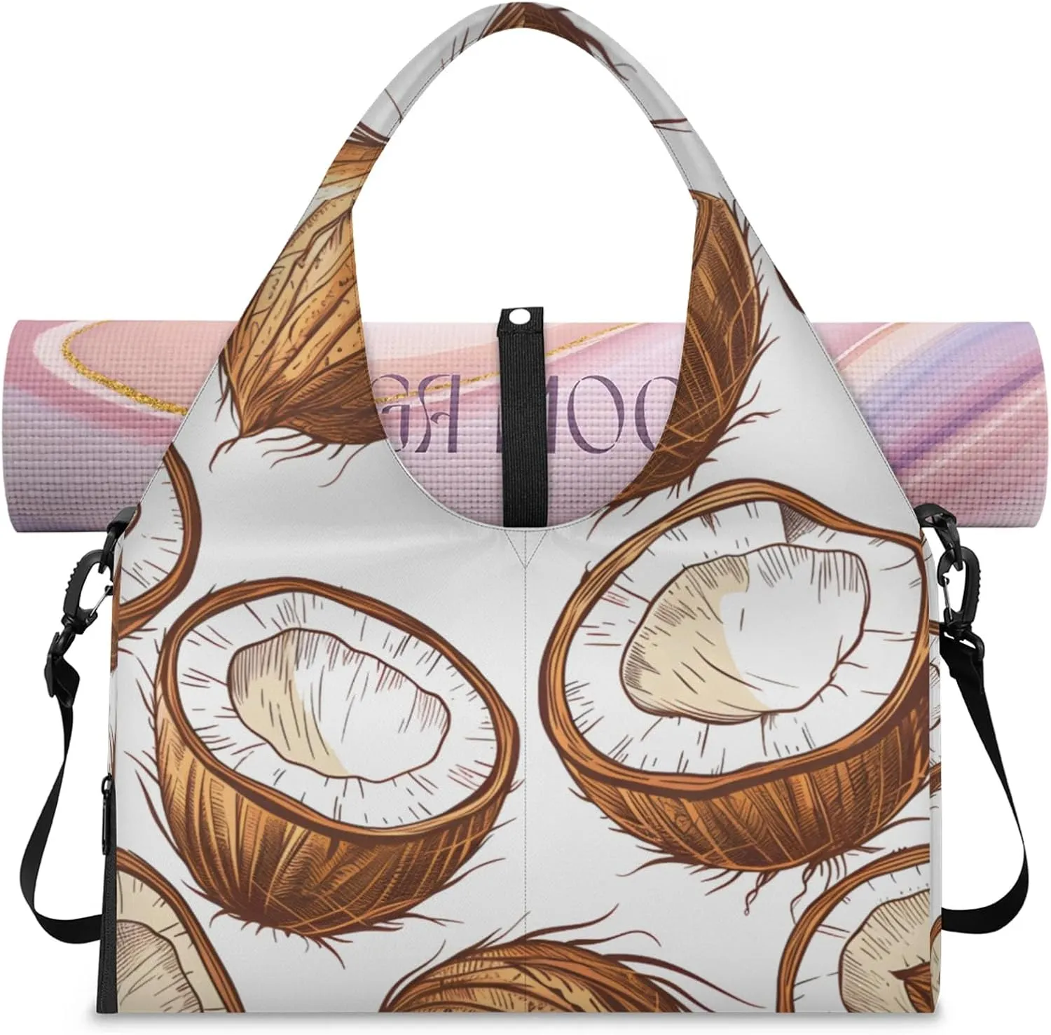 Gym Bag for Women Coconut Print Duffel Bag with Shoe Compartment and Yoga Mat Holder Portable Weekender Bags Travel Tote Bags