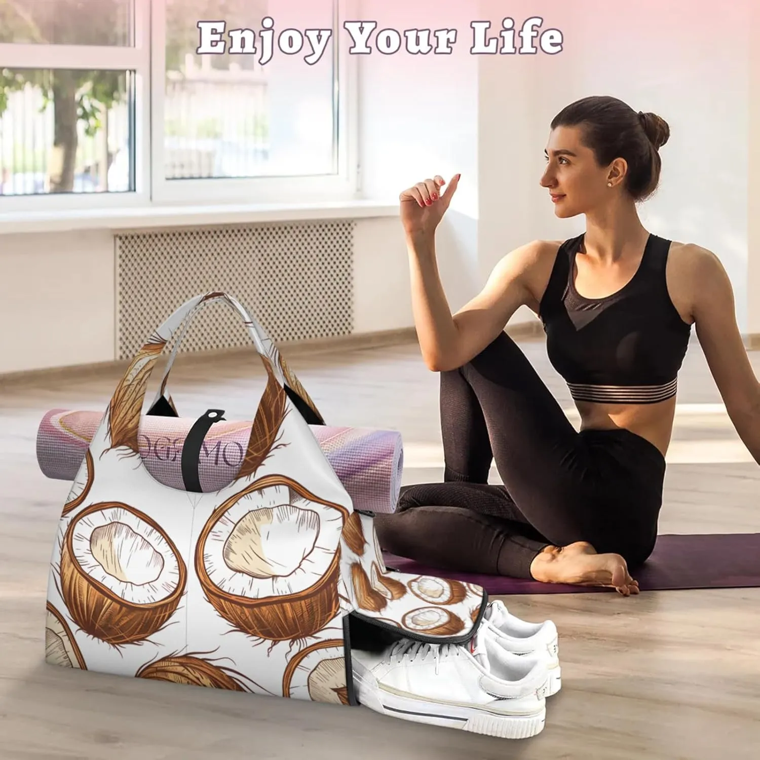 Gym Bag for Women Coconut Print Duffel Bag with Shoe Compartment and Yoga Mat Holder Portable Weekender Bags Travel Tote Bags