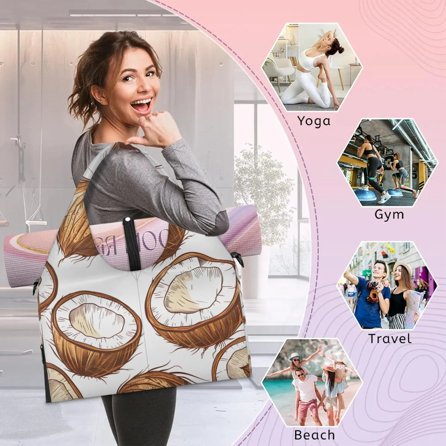 Gym Bag for Women Coconut Print Duffel Bag with Shoe Compartment and Yoga Mat Holder Portable Weekender Bags Travel Tote Bags