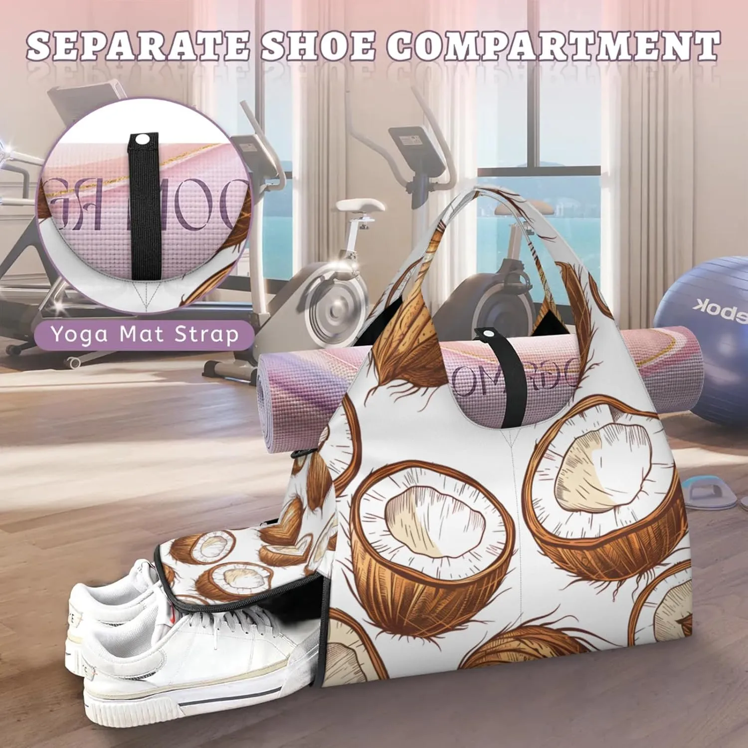 Gym Bag for Women Coconut Print Duffel Bag with Shoe Compartment and Yoga Mat Holder Portable Weekender Bags Travel Tote Bags