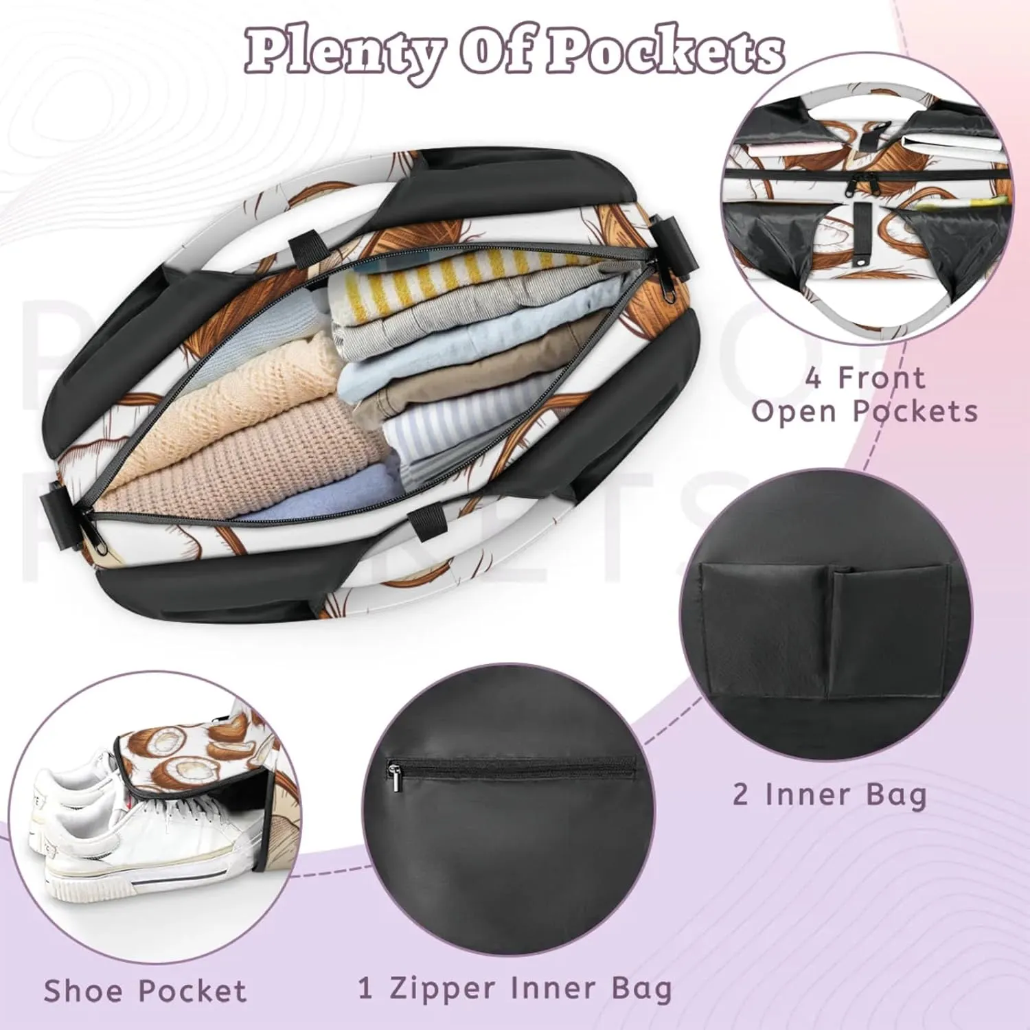 Gym Bag for Women Coconut Print Duffel Bag with Shoe Compartment and Yoga Mat Holder Portable Weekender Bags Travel Tote Bags