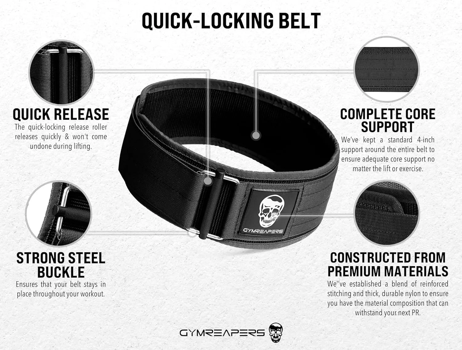 Gymreapers Quick Locking Weightlifting Belt for Bodybuilding, Powerlifting, Cross Training - 4 Inch Neoprene with Metal Buckle - Adjustable Olympic Lifting Back Support