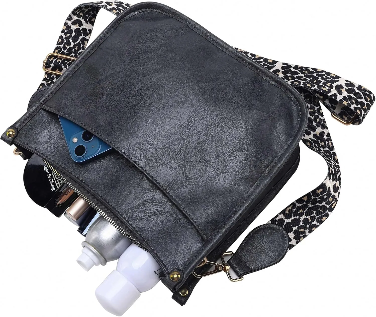 HAIBOLAN Women's Leopard Guitar Strap Crossbody Purse Shoulder Bucket Cross-body Purse