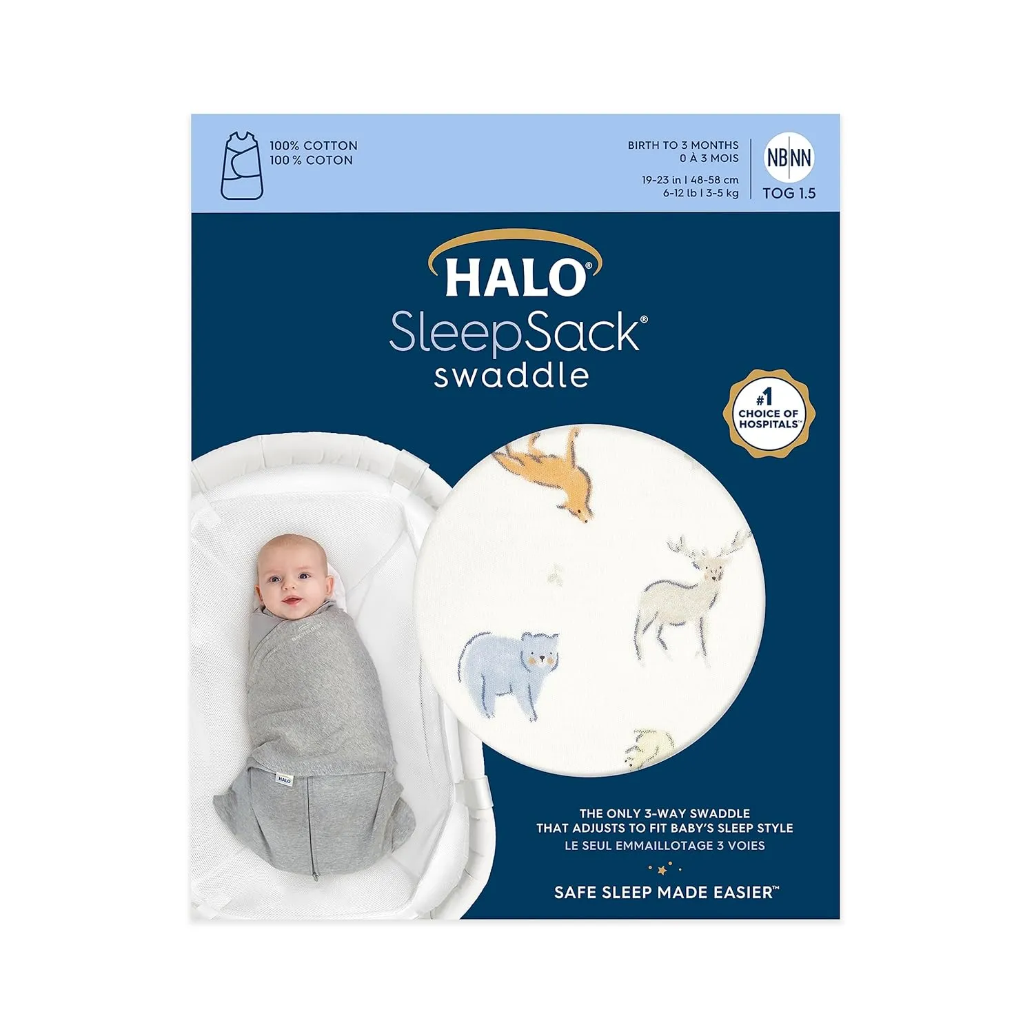 HALO 100% Cotton Sleepsack Swaddle, 3-Way Adjustable Wearable Blanket, TOG 1.5, Forest Friends, Small, 3-6 Months