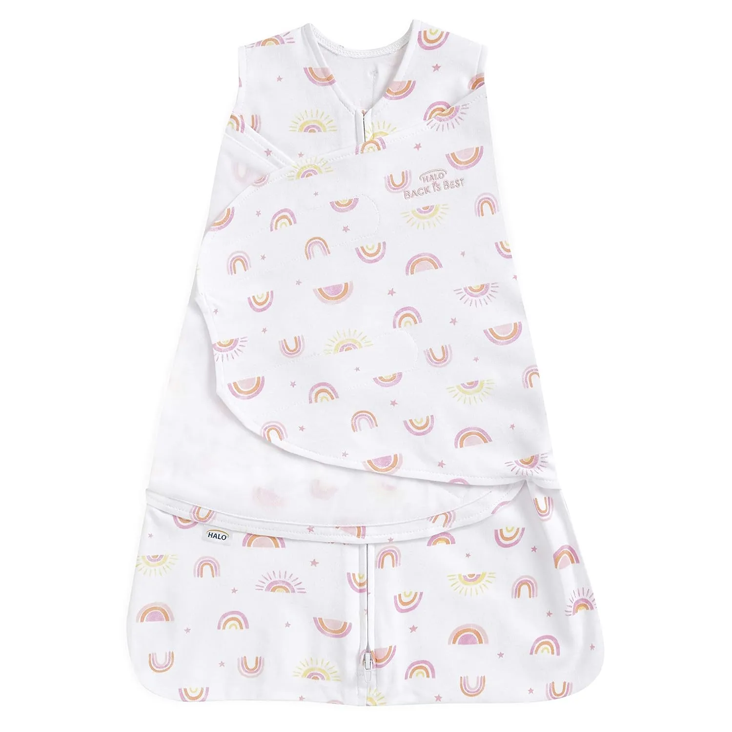 HALO 100% Cotton Sleepsack Swaddle, 3-Way Adjustable Wearable Blanket, TOG 1.5, Sunshine Rainbows, Small, 3-6 Months