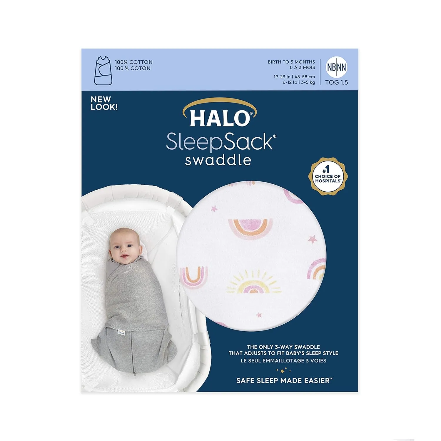 HALO 100% Cotton Sleepsack Swaddle, 3-Way Adjustable Wearable Blanket, TOG 1.5, Sunshine Rainbows, Small, 3-6 Months