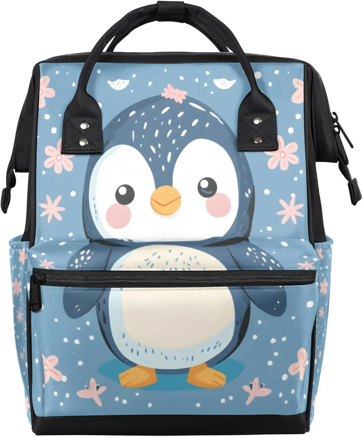 Hand Drawn Cartoon Penguin Flowers Diaper Bag Mommy Bags With Adjustable Shoulder Strap Waterproof Multifunction Shoulder Bag Travel Large Capacity Backpack for Moms And Dads