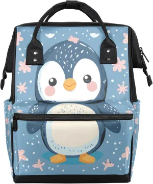 Hand Drawn Cartoon Penguin Flowers Diaper Bag Mommy Bags With Adjustable Shoulder Strap Waterproof Multifunction Shoulder Bag Travel Large Capacity Backpack for Moms And Dads