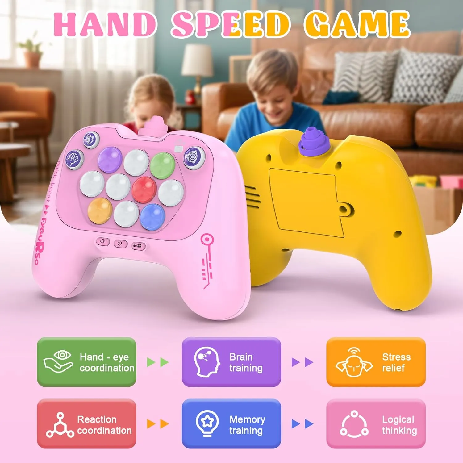 Handheld Speed Pushing Game Machine with Balloons 2-Player Fidget Game Light Up Quick Push Games Fast Push Puzzle Games Console for 8 9 10 11 12  Years Old Kids Adults-Pink Yellow