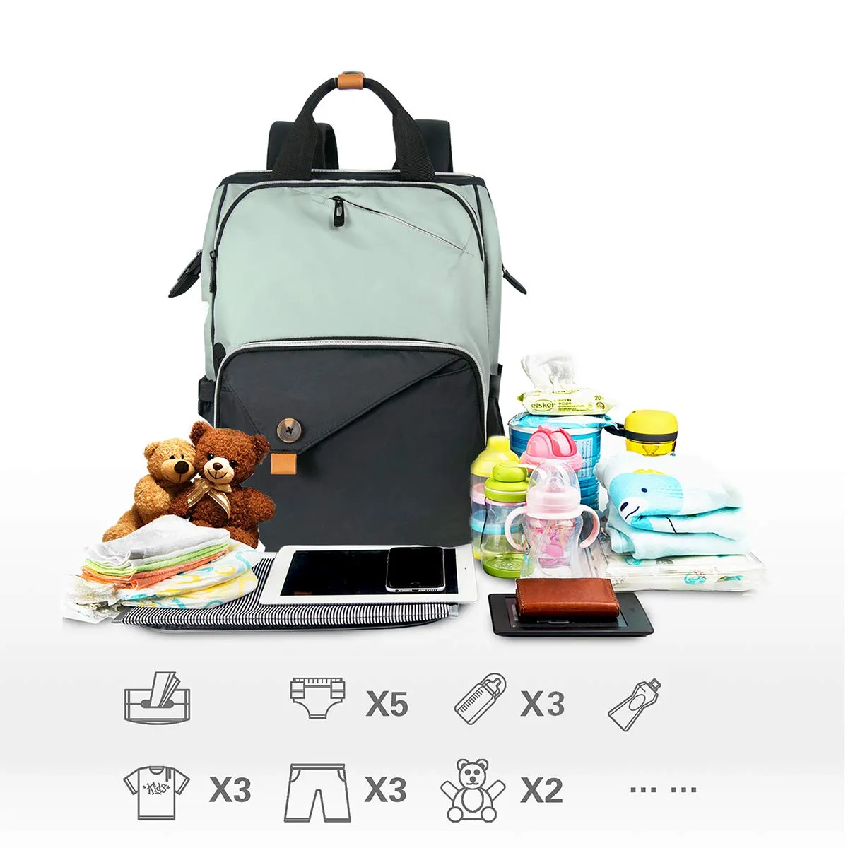 Hap Tim Diaper Bag Backpack,Large Capacity Travel Back Pack Maternity Baby Nappy Changing Bags, Double Compartments with Stroller Straps,Waterproof, Mint Green Black(US7340-GB)