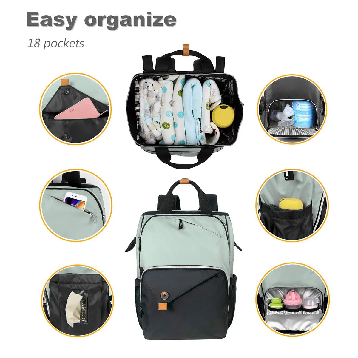 Hap Tim Diaper Bag Backpack,Large Capacity Travel Back Pack Maternity Baby Nappy Changing Bags, Double Compartments with Stroller Straps,Waterproof, Mint Green Black(US7340-GB)