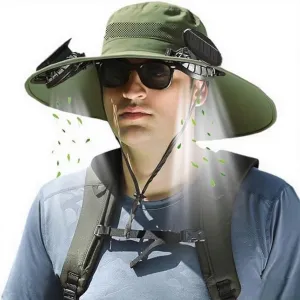 Hat with Fans Solar Power, UPF 50  Outdoor Solor Sun Hat Wide Brim Sun Hat with 2 Solar Fan Sun Bucket Hat for Men Women