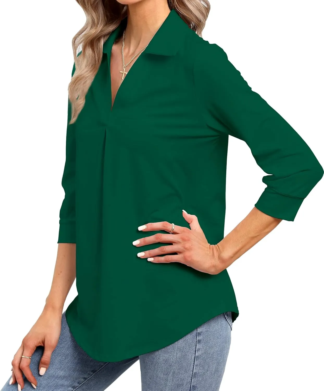 Heat Move Women's 3/4 Sleeve Length Tops Collared V Neck Shirt Dressy Casual Business Blouses for Work Professional