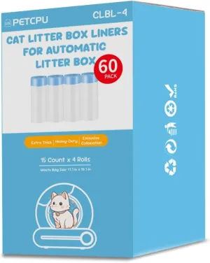 Heavy Duty Cat Litter Box Liners, 60 Count Plastic Waste Bags with Drawstring Design for Automatic Self-Cleaning Litter Boxes, Easy to Tear, Leak Proof & Odor Control (4 Packs/4 Rolls)