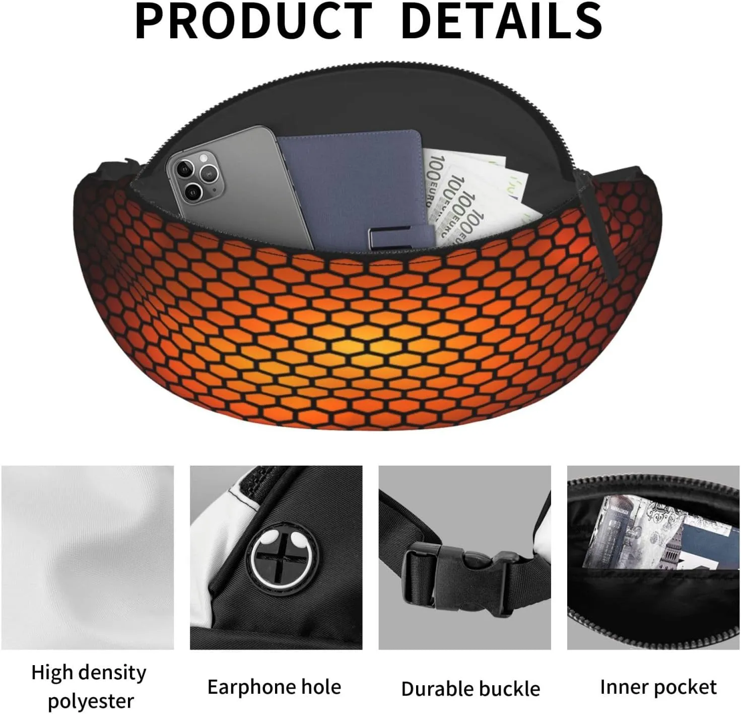 Hexagonal Orange Fanny Pack, Crossbody Waist Packs for Women Men Waist Bags with Adjustable Strap for Travel Running Hiking Sport