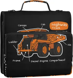 Highway Truck Cartoon Car Zipper Binder, 1.5 inch 3 Ring Binder Organizer Bag with Shoulder Strap and Handle, Multi-Pocket, 500 Sheet Capacity