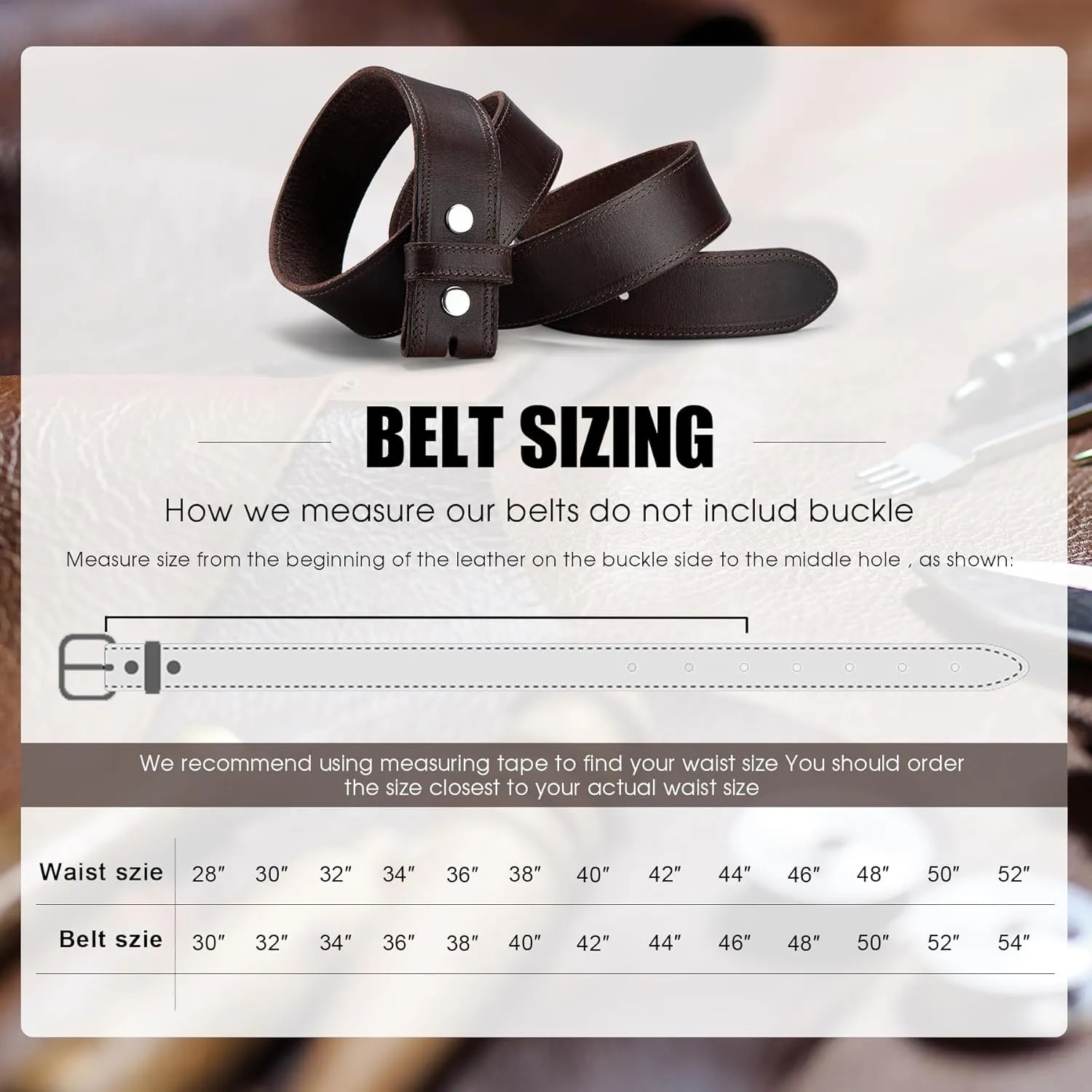 HJones Western Belts Genuine Full Grain Leather Belt for Belt Buckle Men's, 1.5" Replacement Belt Strap Without Buckle