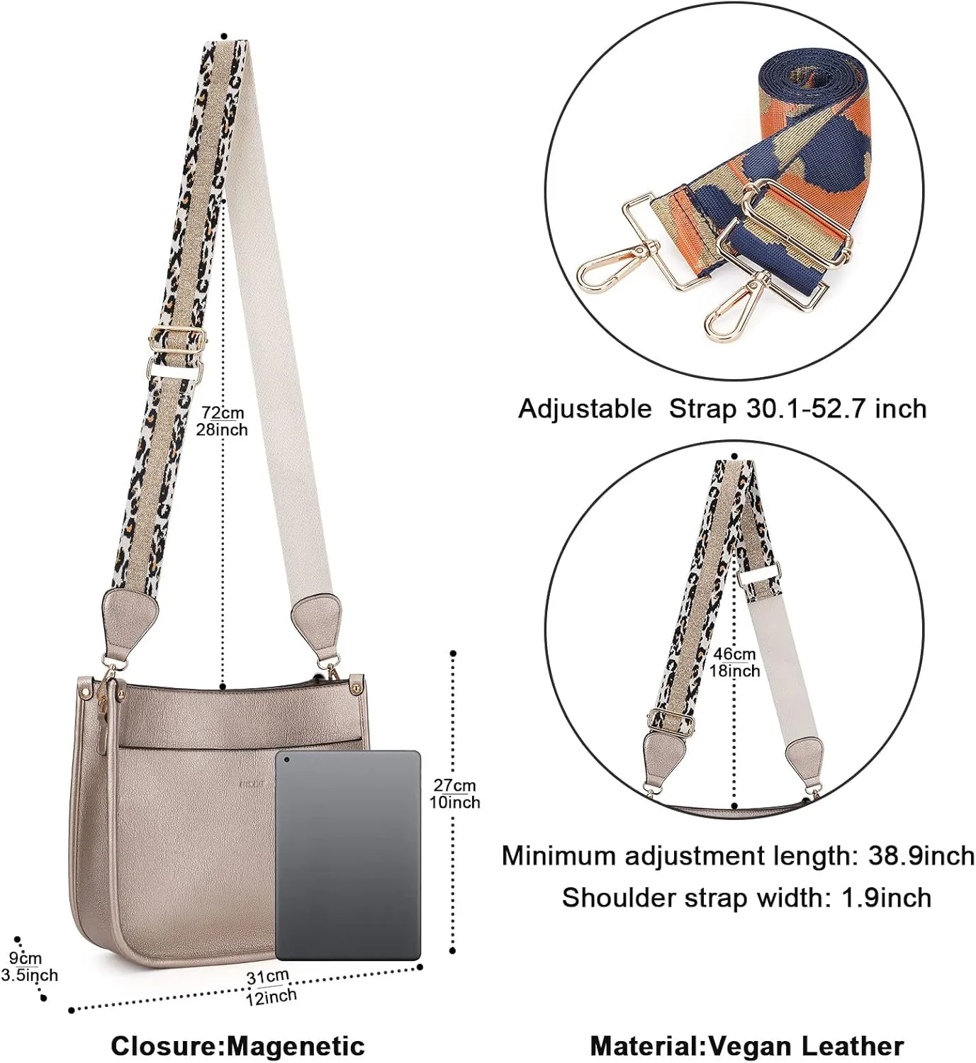 HKCLUF Crossbody Bags for Women Trendy Vegan Leather Hobo Handbags With 2PCS Adjustable Guitar Strap Shoulder Bucket Bags